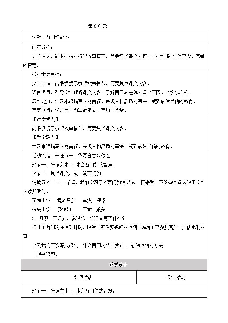【大單元】統(tǒng)編版四上第八單元 第5課時(shí) 26.西門豹治鄴 教學(xué)設(shè)計(jì)第1頁(yè)
