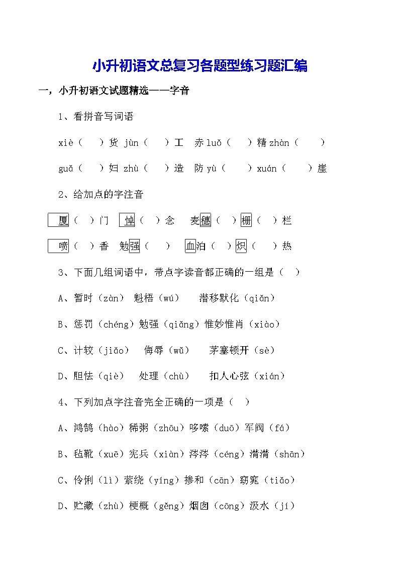 小升初语文总复习各题型练习题汇编(含答案)第1页
