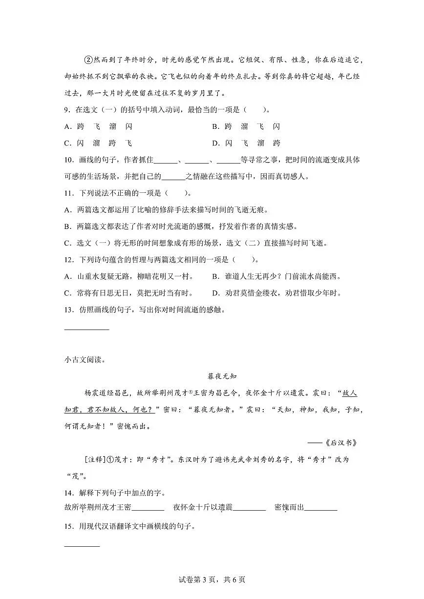 2024-2025学年广东省珠海市香洲区六年级下册期中综合素养评价语文检测试卷(含答案)第3页