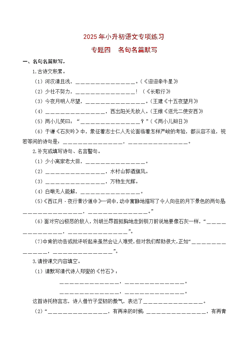 【复习篇】专项四 名句名篇默写-2025年小升初语文专项练习 (原卷版)第1页