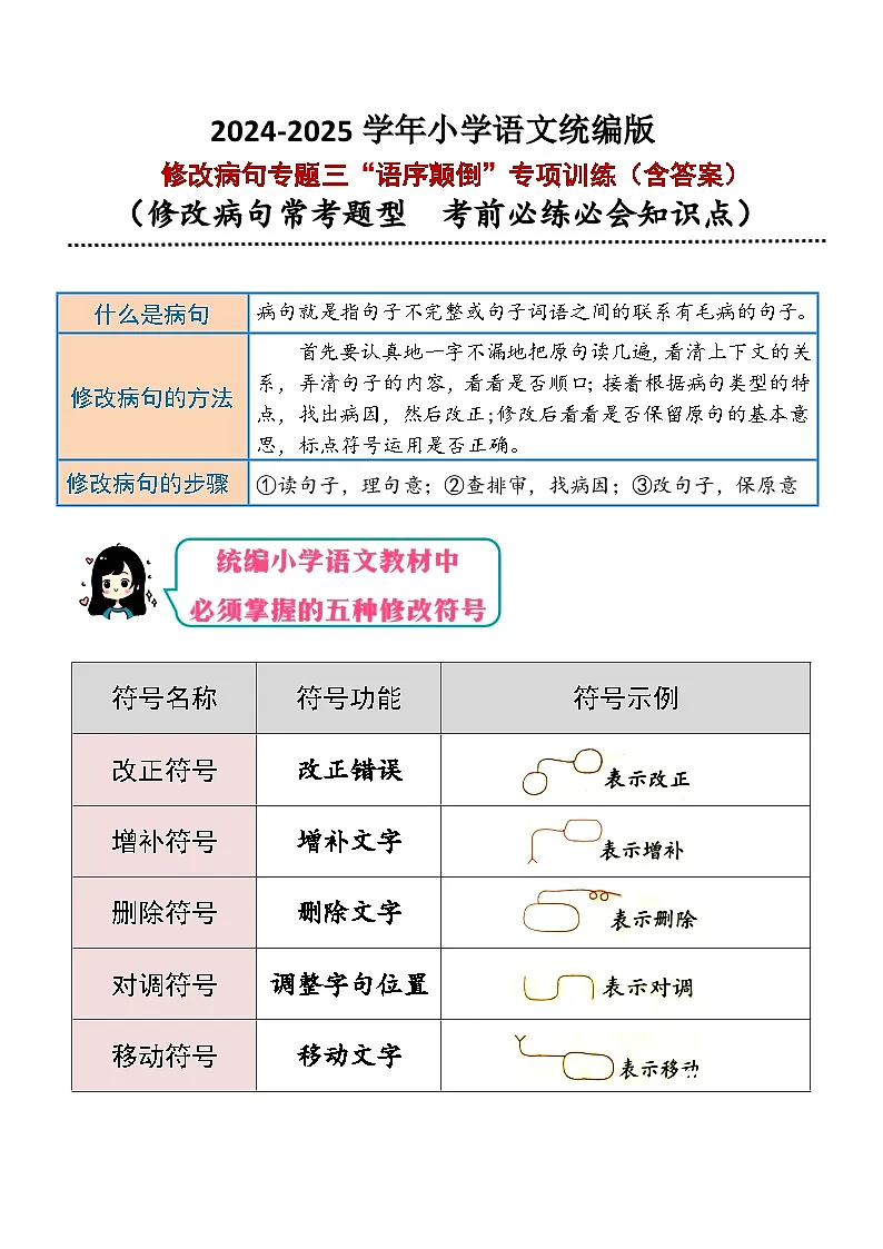 专题3(语序颠倒)修改病句专项训练-2025学年小升初语文 统编版第1页