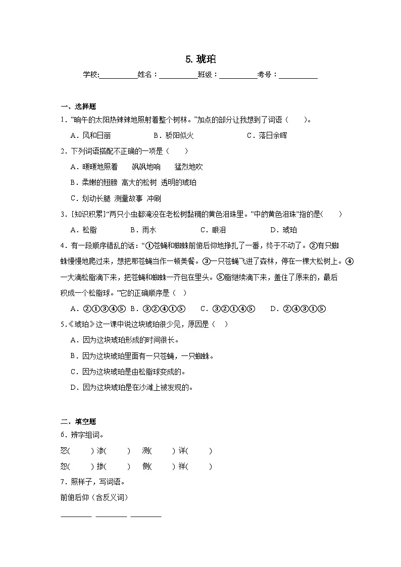 5.琥珀同步强化练习 统编版语文四年级下册第1页