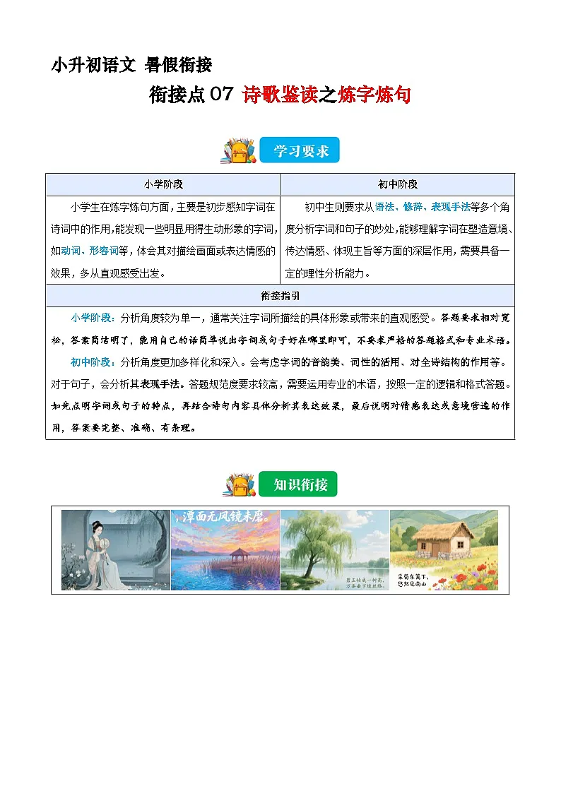 小升初语文暑假衔接 衔接点07 诗歌鉴赏之炼字炼句(原卷)2025暑假小升初衔接课程第1页