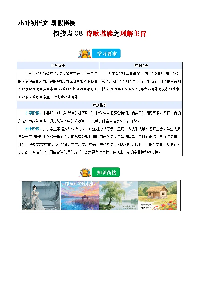 小升初语文暑假衔接 衔接点08 诗歌鉴赏之理解主旨(解释)2025暑假小升初衔接课程第1页