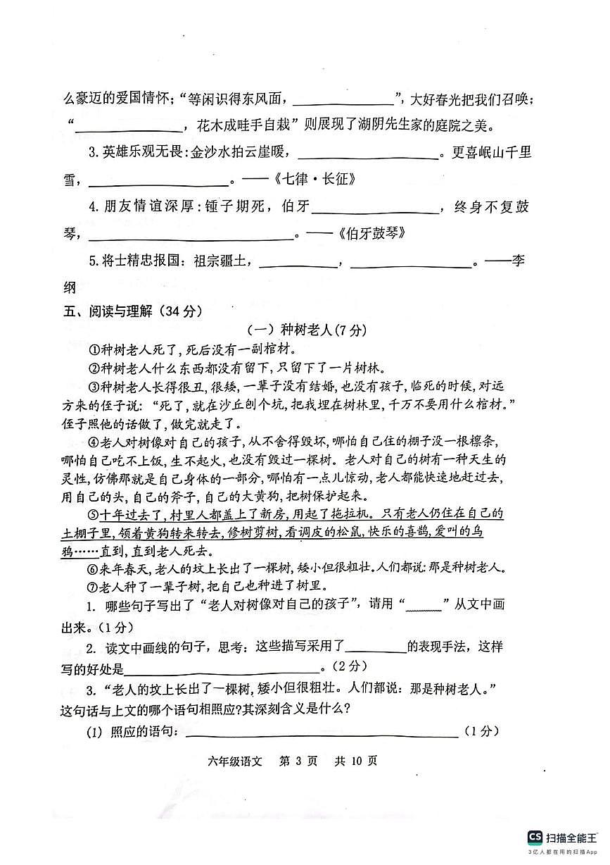 江蘇省丹陽(yáng)市里莊中心小學(xué)2024-2025學(xué)年六年級(jí)上學(xué)期期末語(yǔ)文試題第3頁(yè)