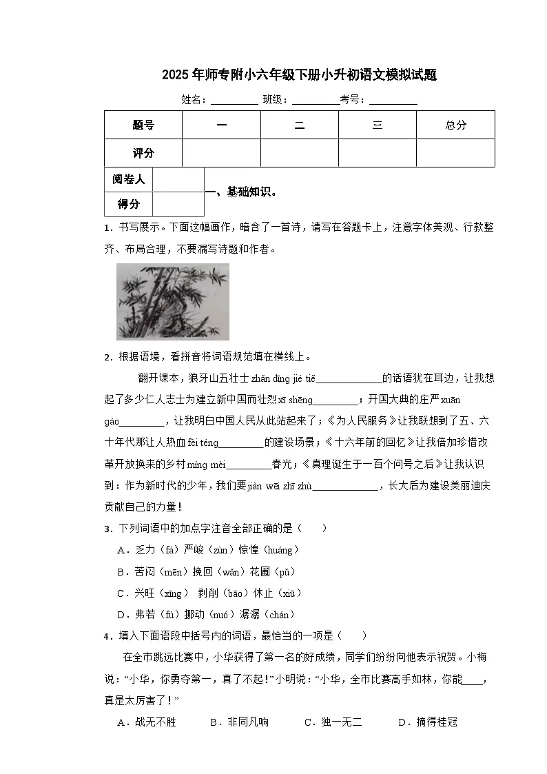 2025年师专附小六年级下册小升初语文模拟试题(六)附解析答案第1页