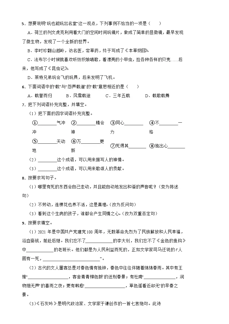 2025年师专附小六年级下册小升初语文模拟试题(六)附解析答案第2页