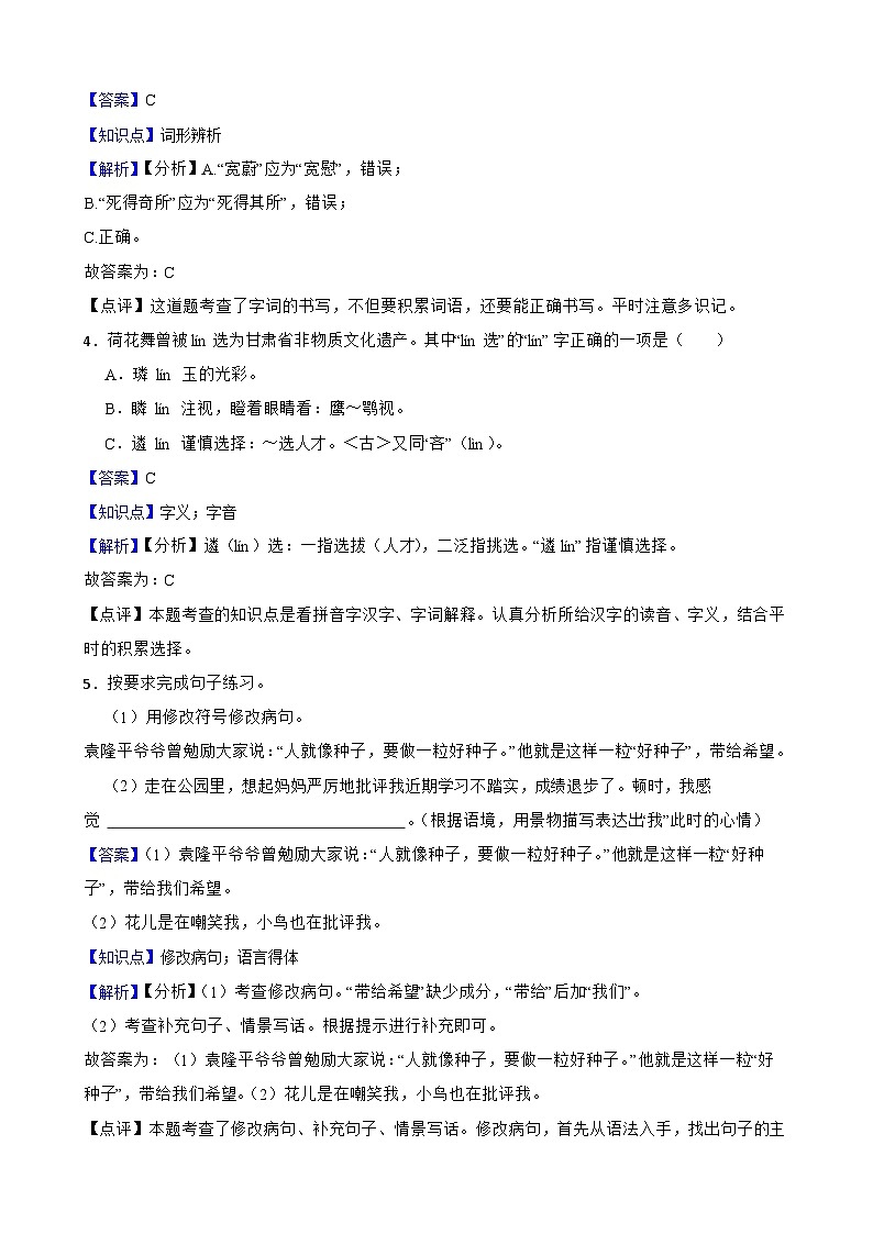 师专附小2025年六年级语文下册期末模拟试卷(三)(教师版)第2页