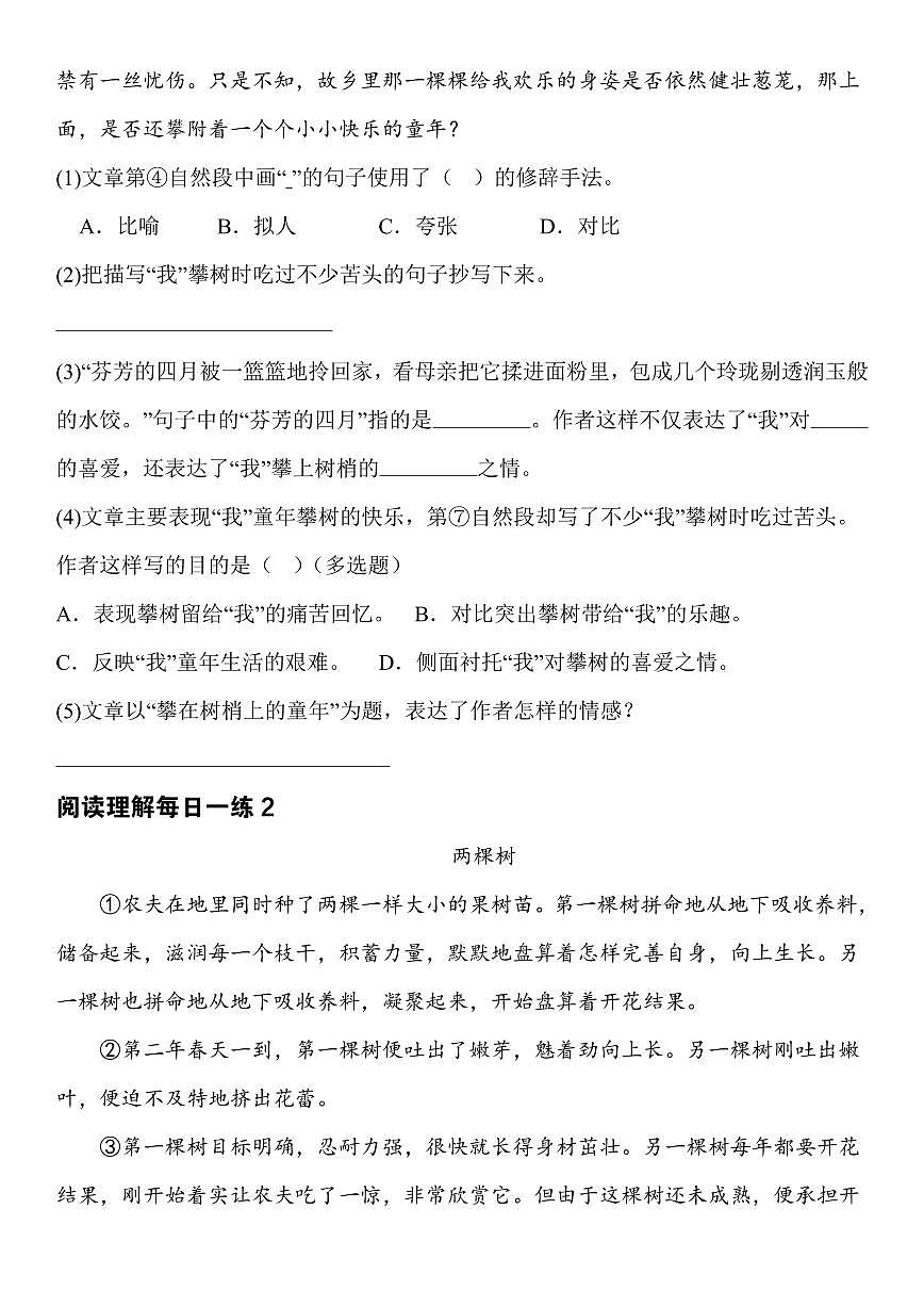 四升五语文——暑假阅读理解每日一练含参考答案第3页