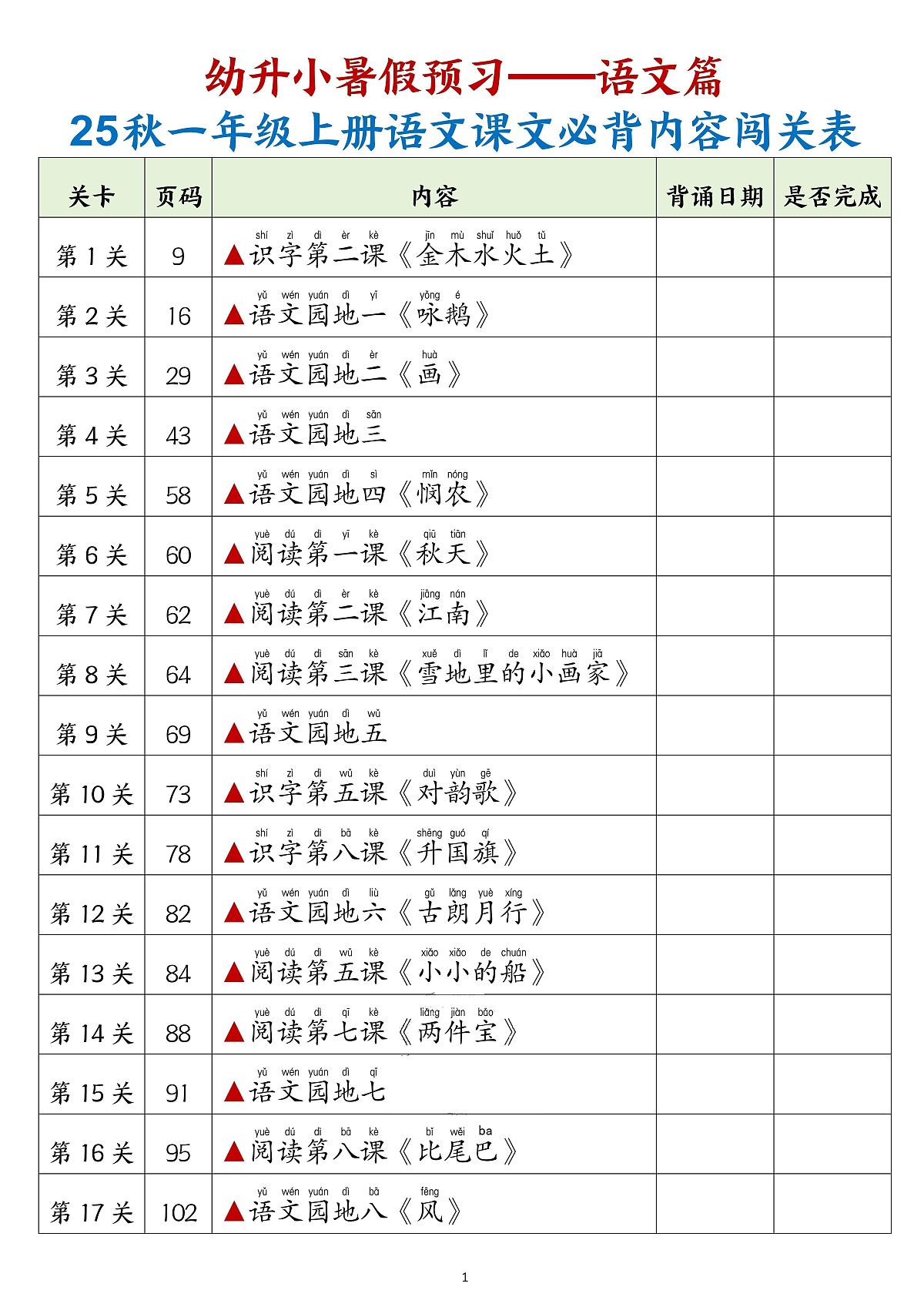 统编版(人教版)2025秋1年级语文上册《暑假背诵闯关表》-学案预习第1页
