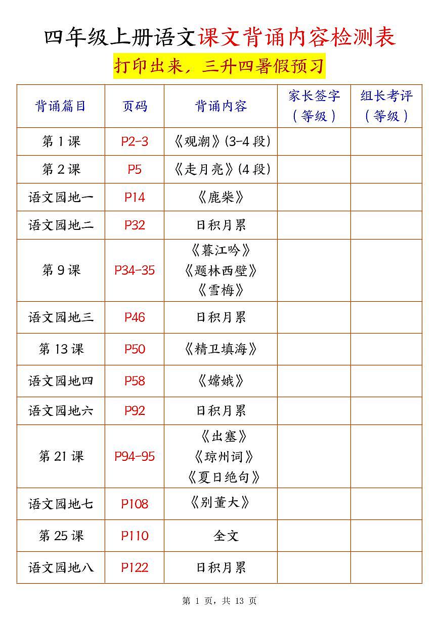统编版(人教版)2025秋4年级语文上册《暑假背诵闯关表》-学案预习第1页