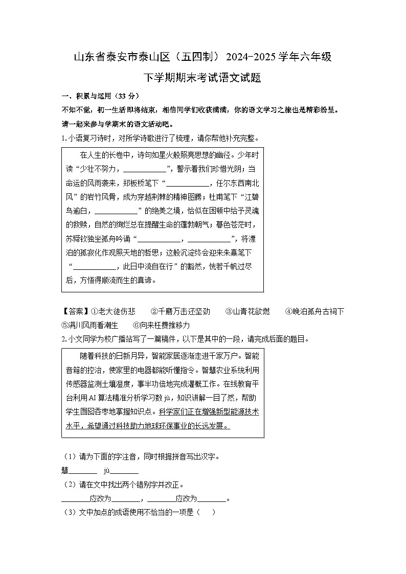 【语文】山东省泰安市泰山区(五四制)2024-2025学年六年级下学期期末考试试题(解析版)第1页
