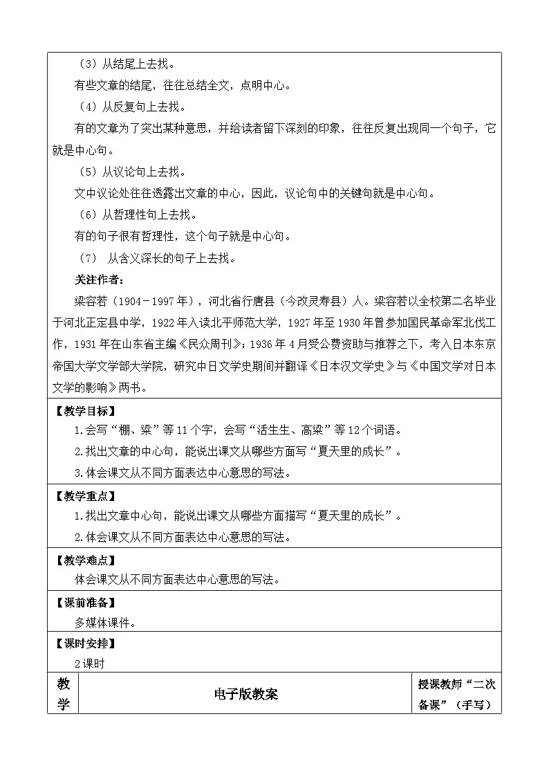 24人教统编版-小学六年级上册第五单元16 夏天里的成长 教案第2页