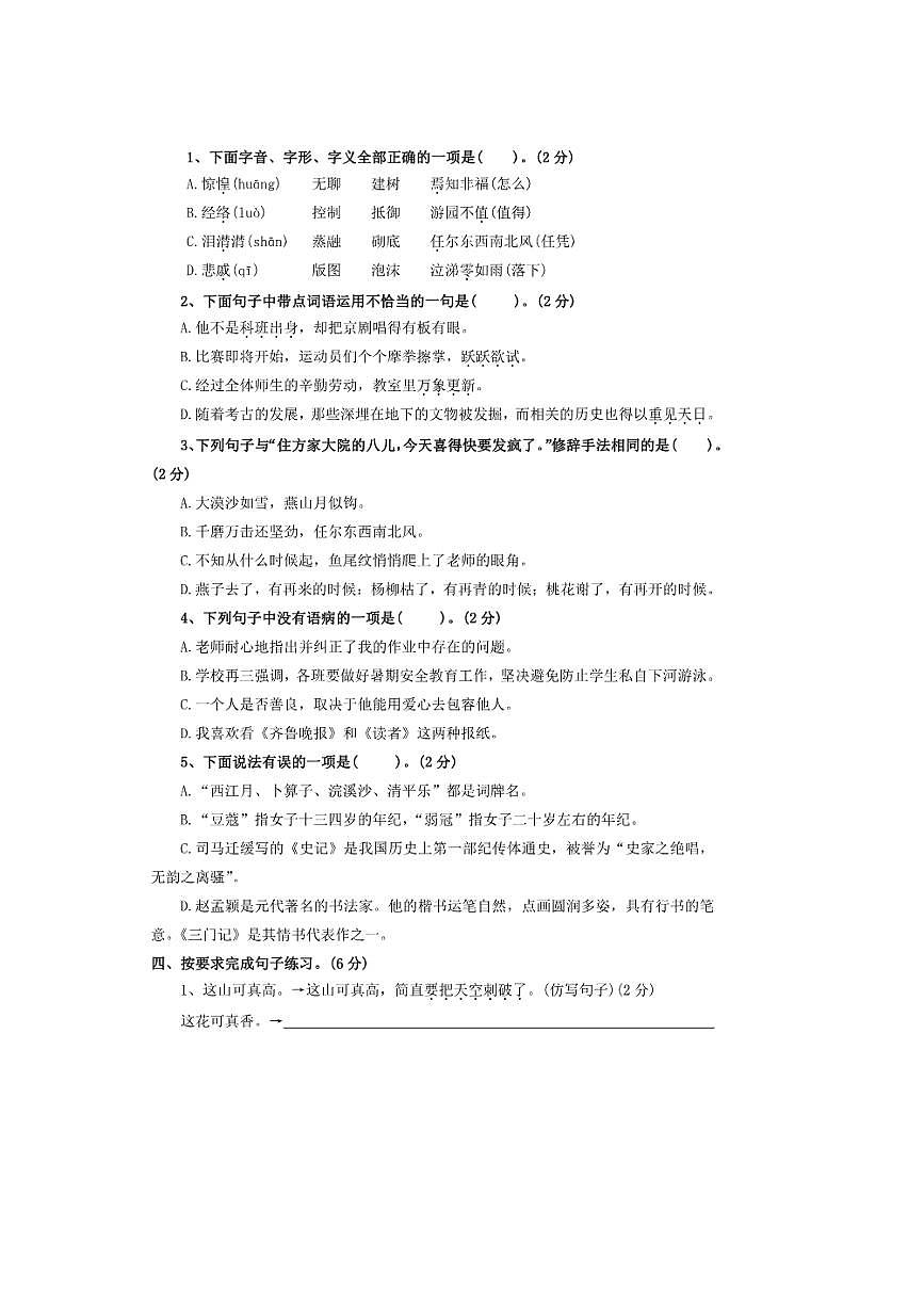 2024~2025年【小升初分班测试卷二十九】~小升初语文分班测试卷(含答案)第2页
