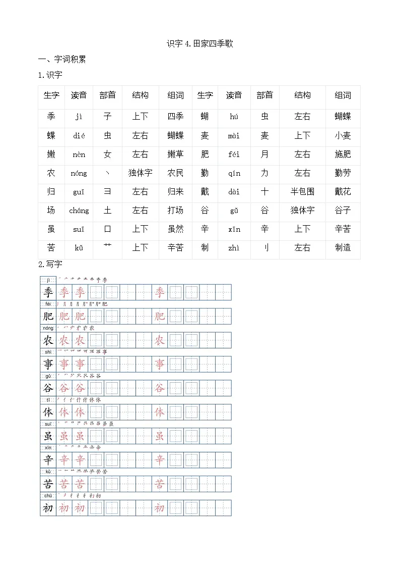 【任务型备课】统编版语文二上-识字4.田家四季歌(知识清单)第1页