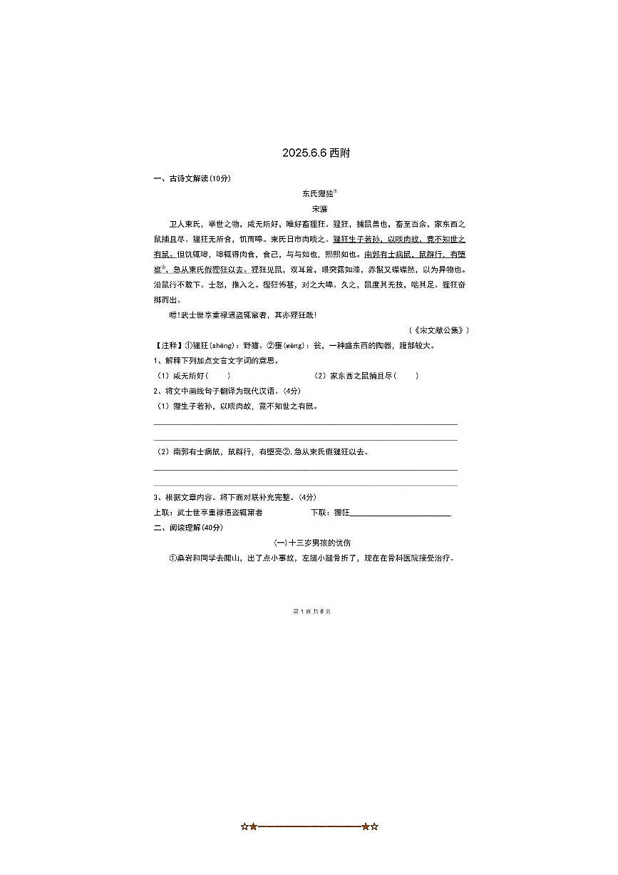2025年重庆西南大学附属中学小升初自主招生语文试卷(无答案)第1页