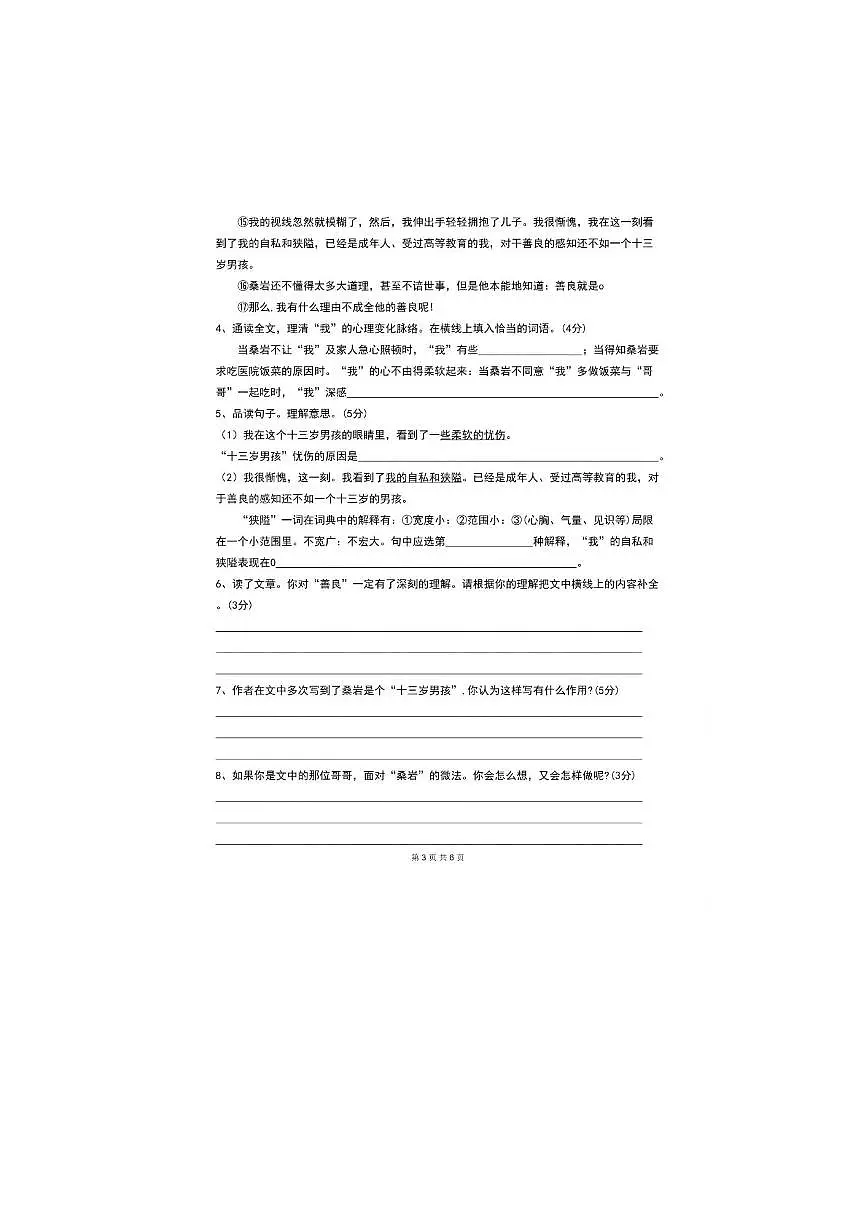 2025年重庆西南大学附属中学小升初自主招生语文试卷(无答案)第3页