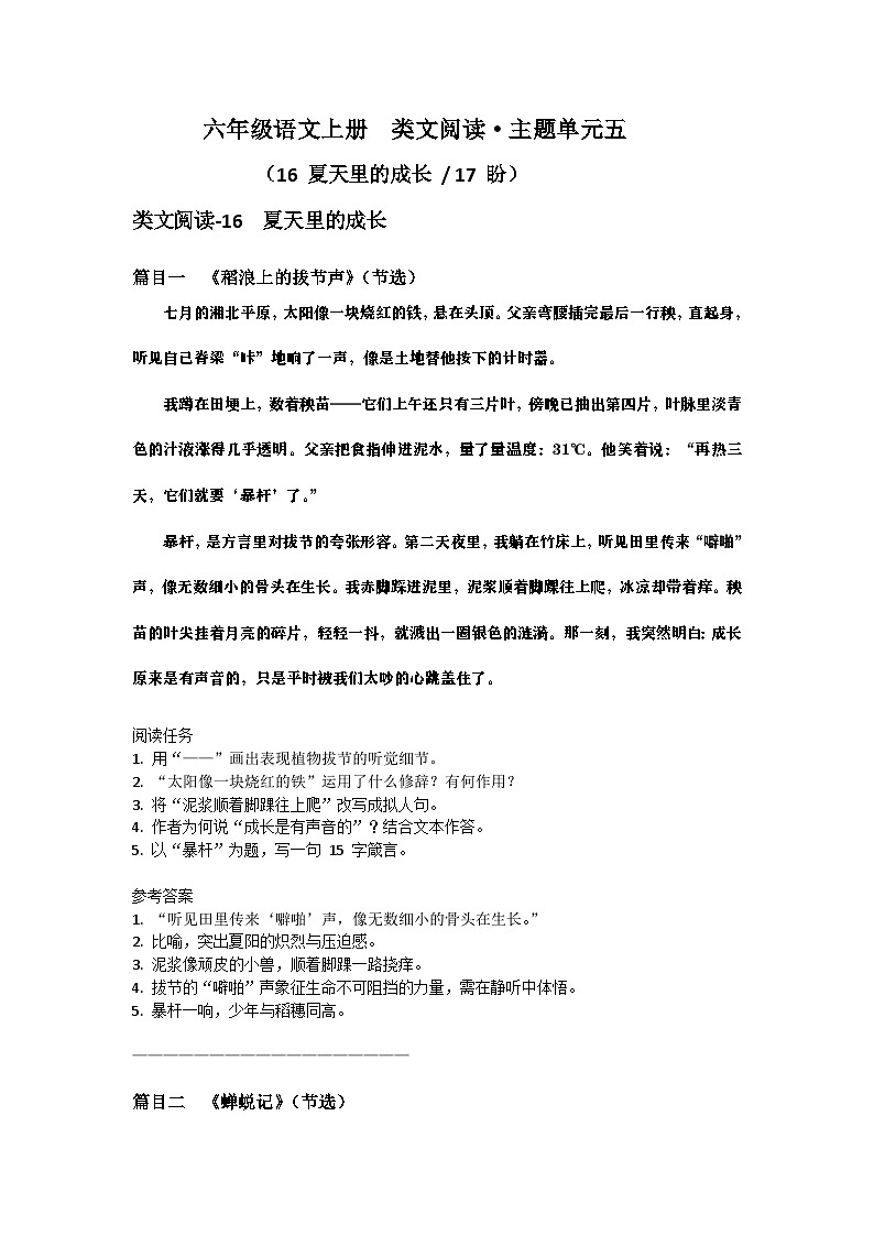 2024-2025學(xué)年小學(xué)語(yǔ)文六年級(jí)上冊(cè)類(lèi)文閱讀第五六單元練習(xí)第1頁(yè)