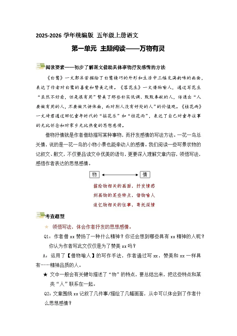 五年级语文上册 第一单元主题要素阅读讲练(方法+例题)(原卷+解释)2025-2026学年 统编版第1页