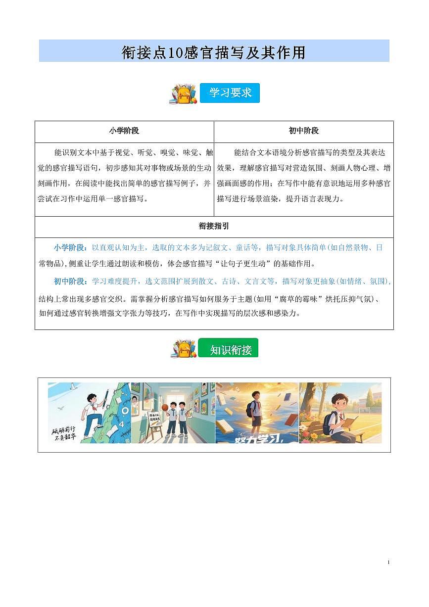 【小升初】统编版2025年 衔接点10 感官描写及其作用 语文衔接过关练习(含解析)第1页