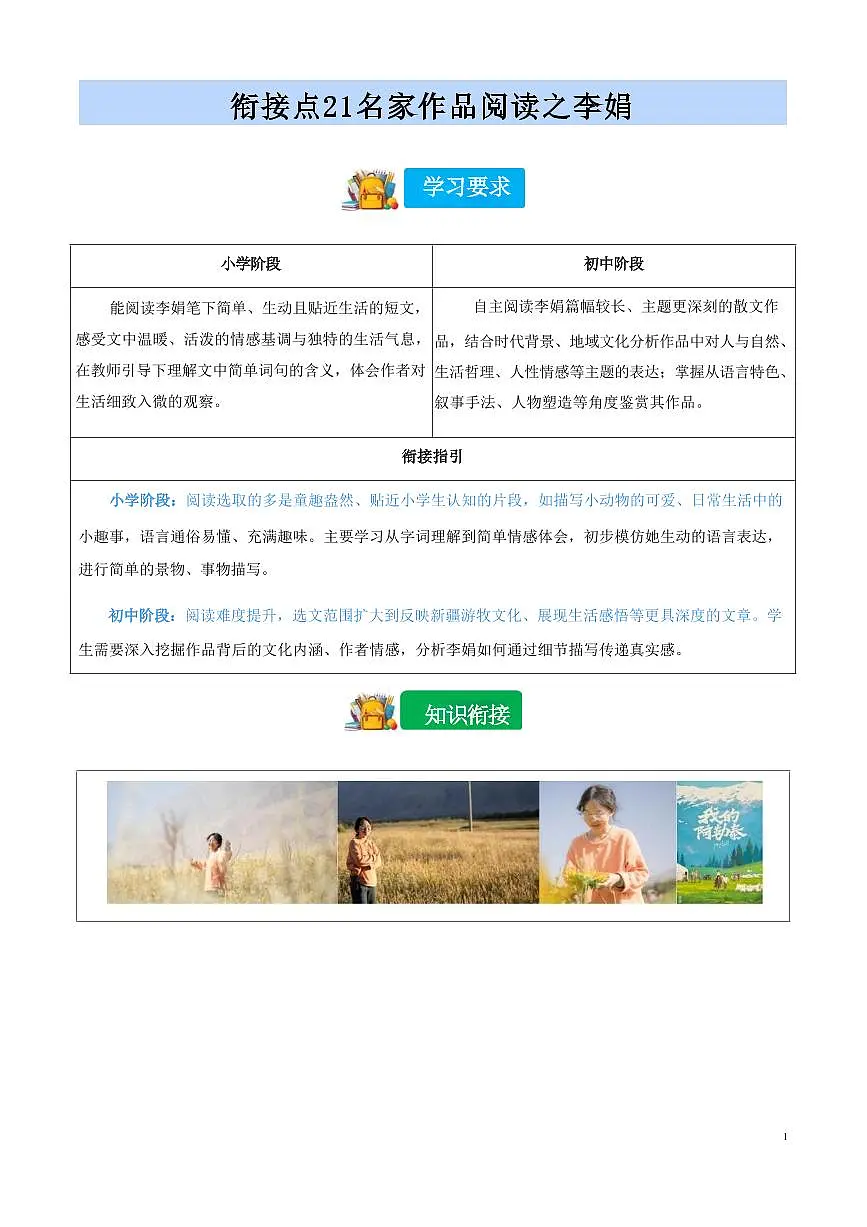 【小升初】统编版2025年 衔接点21 名家作品阅读之李娟 语文衔接过关练习(含解析)第1页