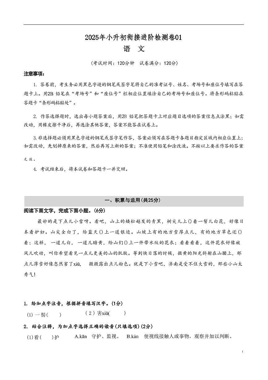 【小升初】统编版2025年 衔接进阶检测卷01 语文衔接过关练习第1页