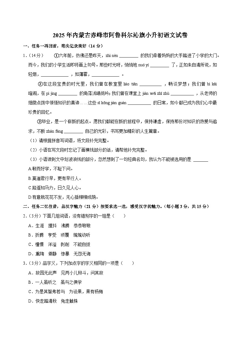 2025年内蒙古赤峰市阿鲁科尔沁旗小升初语文试卷第1页