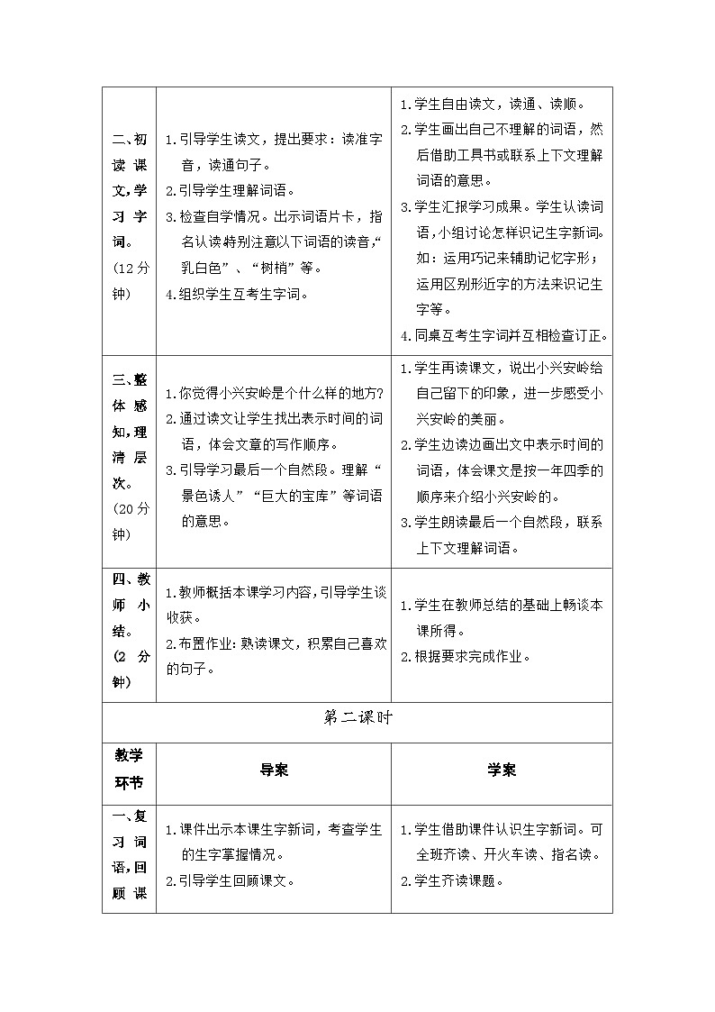 18美丽的小兴安岭 教案 (表格式 2课时) 统编版语文三年级上册第2页