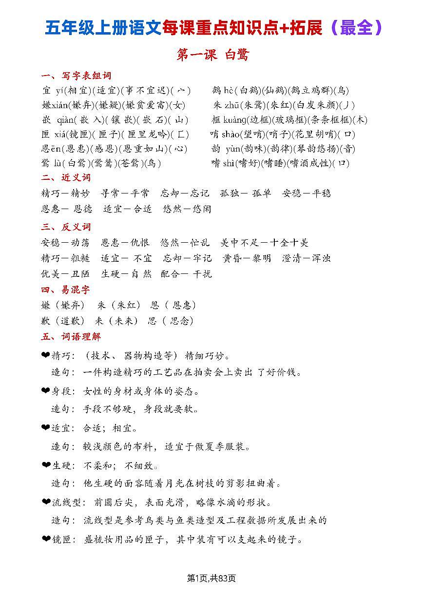 部编版五年级上册语文期末全册每课重点知识点+拓展第1页