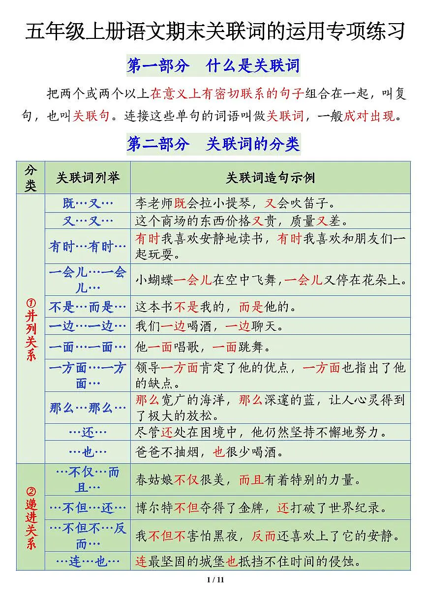 部编版五年级上册语文期末关联词语的运用专项练习第1页