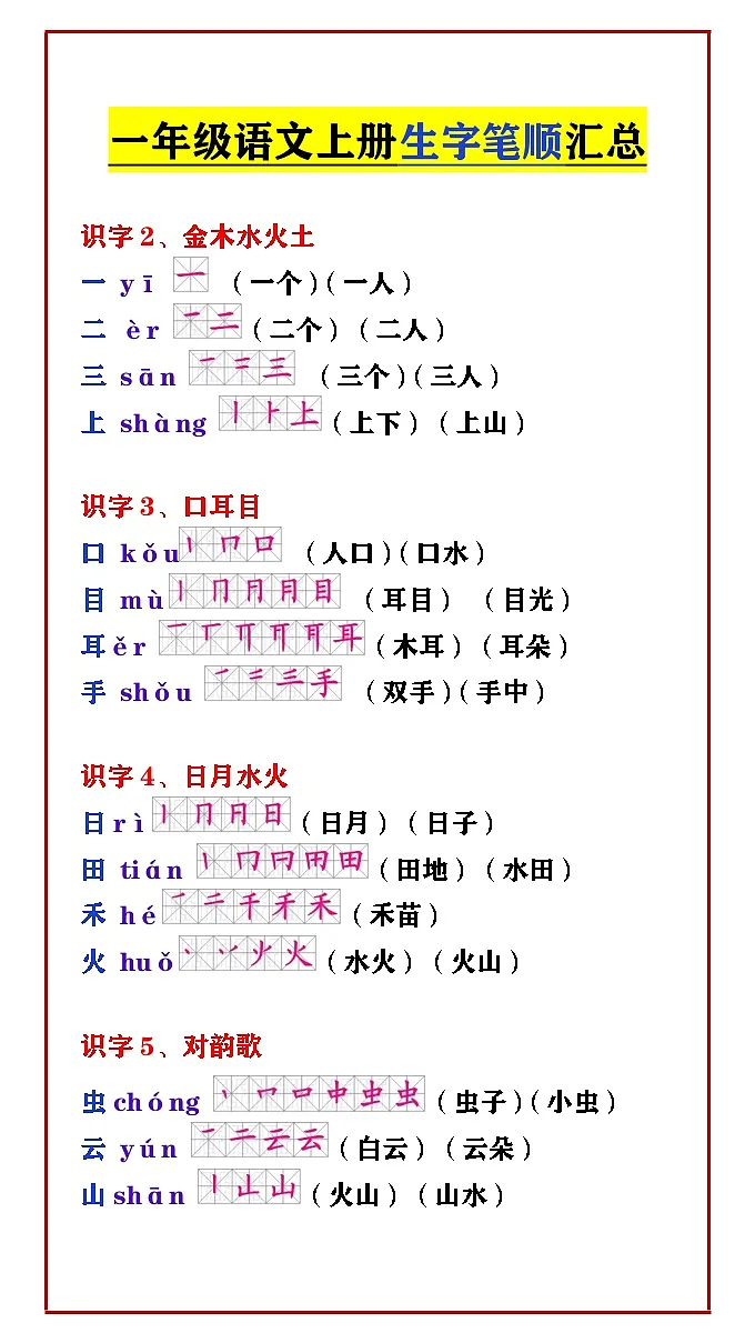 一年级语文上册生字笔顺汇总 学案第1页