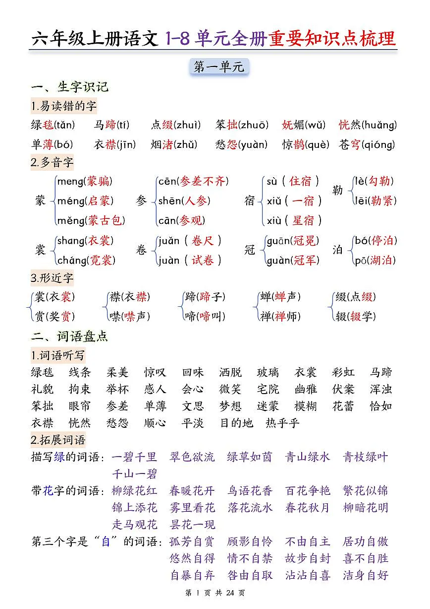 25秋六上语文1-8单元全册重要知识点梳理24页(2)第1页