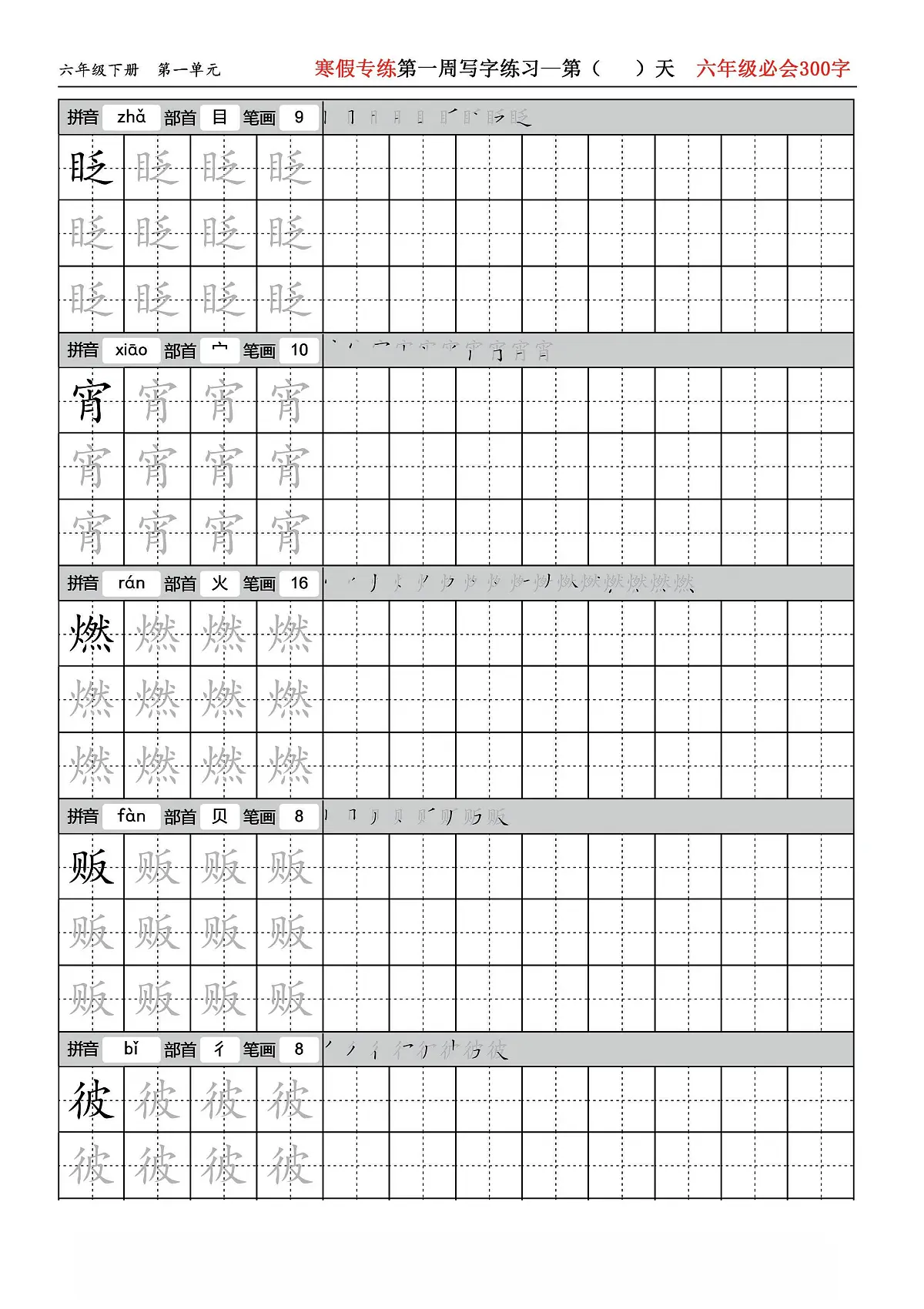 六年级语文 寒假专练写字练习(必会300字)第2页