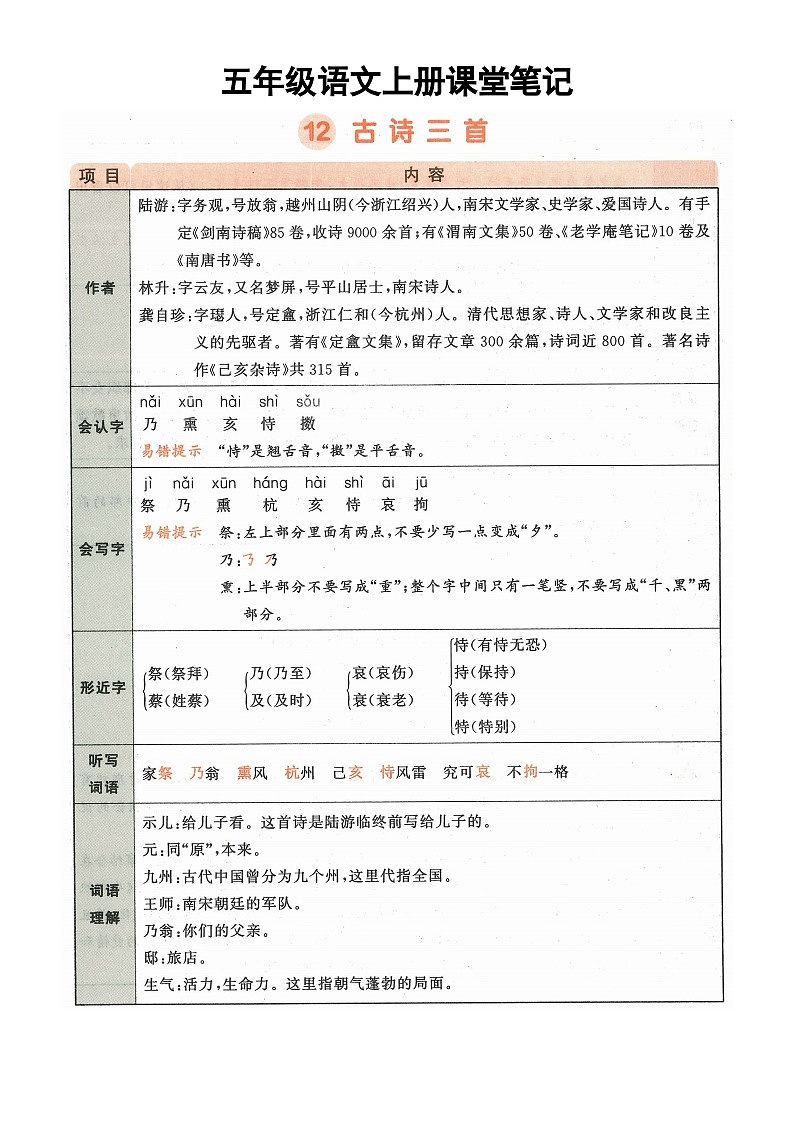 小学语文部编版五年级上册《古诗三首》知识点(2025秋)第1页