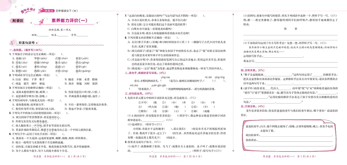 5年级下册语文练重点试卷(含答案)第1页