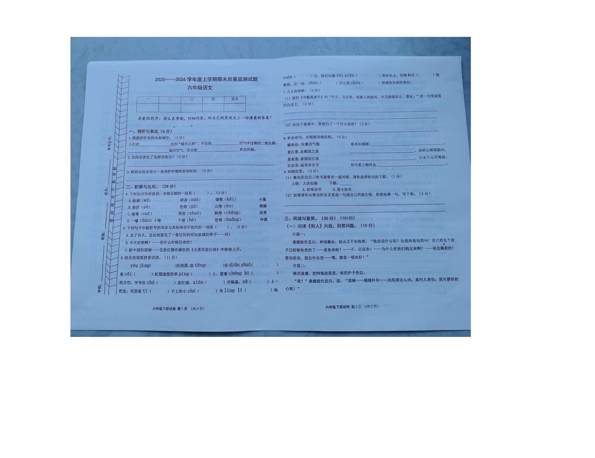 内蒙古自治区呼伦贝尔市莫力达瓦达斡尔族自治旗2025-2026学年六年级上学期1月期末语文试题第1页