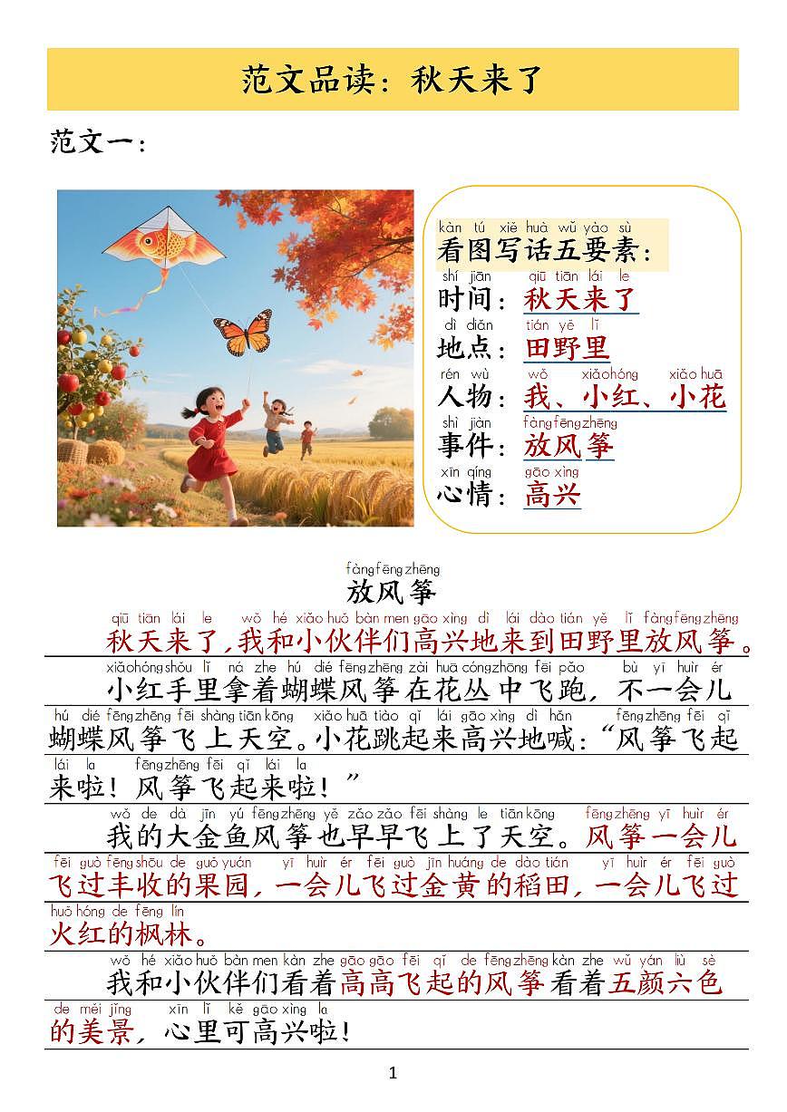 人教版25秋一年级上册语文1-8单元看图写作范文学案(含答案)第2页
