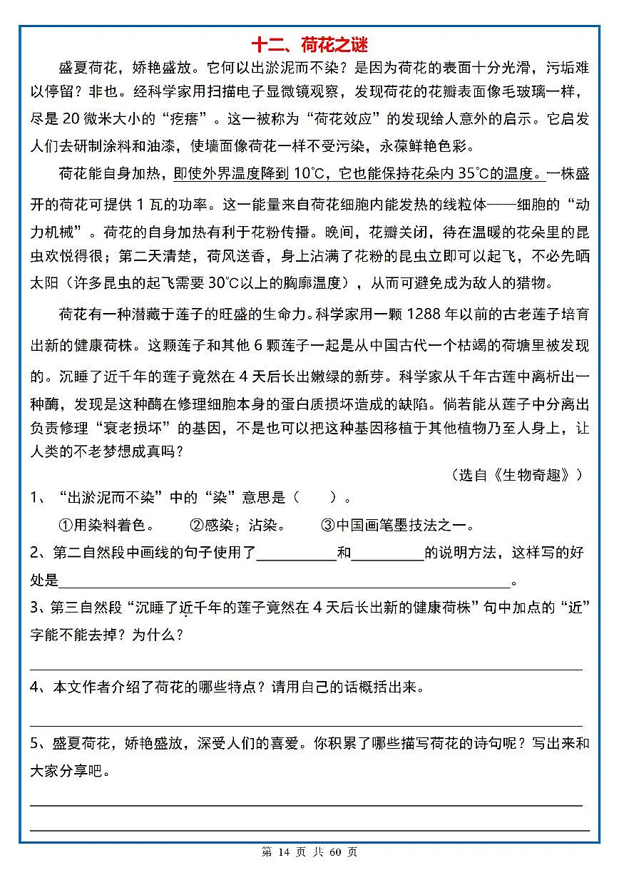 四年级(上)语文阅读理解《每日一练》12第1页