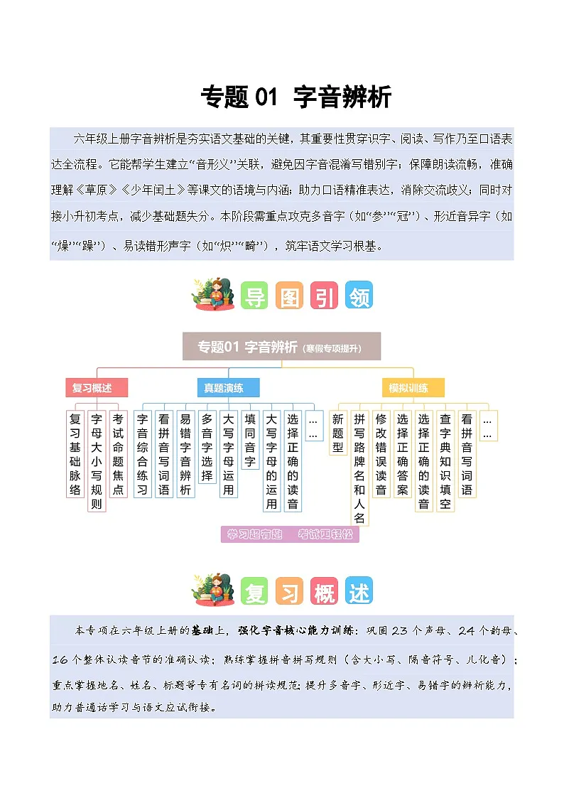 专题01 字音辨析(专项训练)六年级语文寒假专项提升(统编版)习题+答案第1页