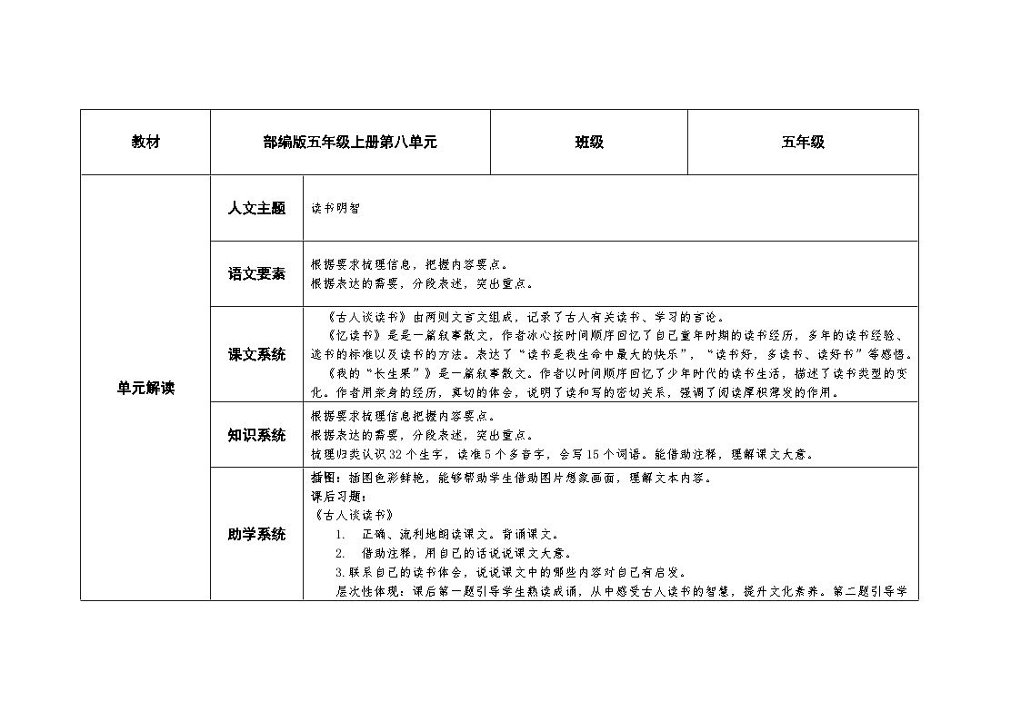 统编版小学语文五年级上册 第八单元大单元教案(表格式)第1页