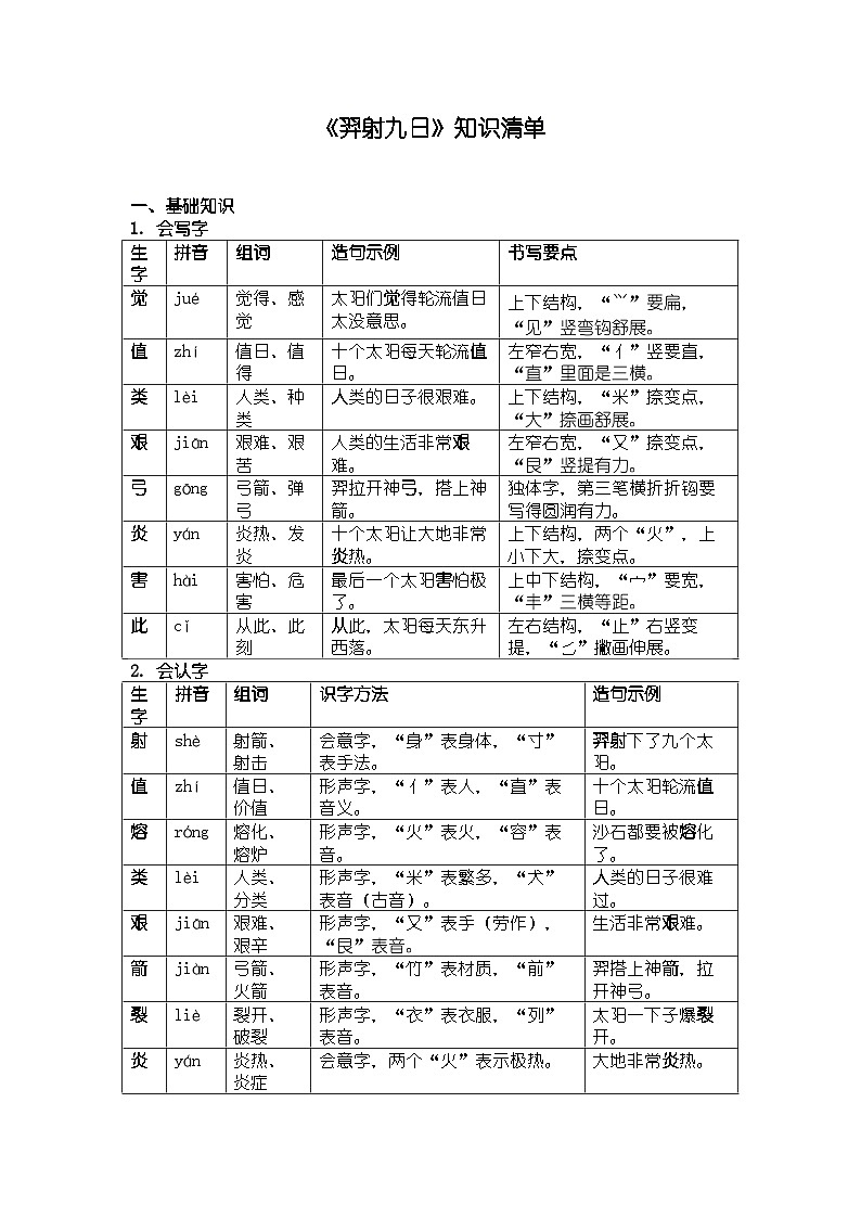 《羿射九日》知识清单第1页