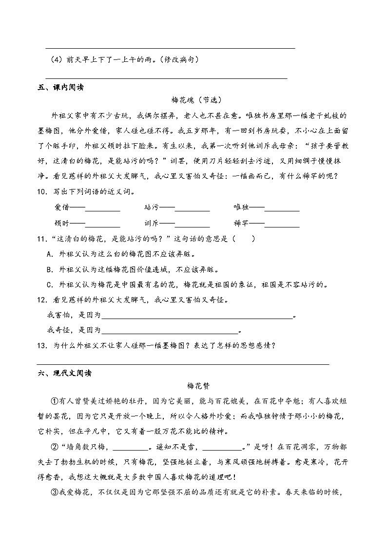 部编版语文五年级下册《梅花魂》一课一练第3页