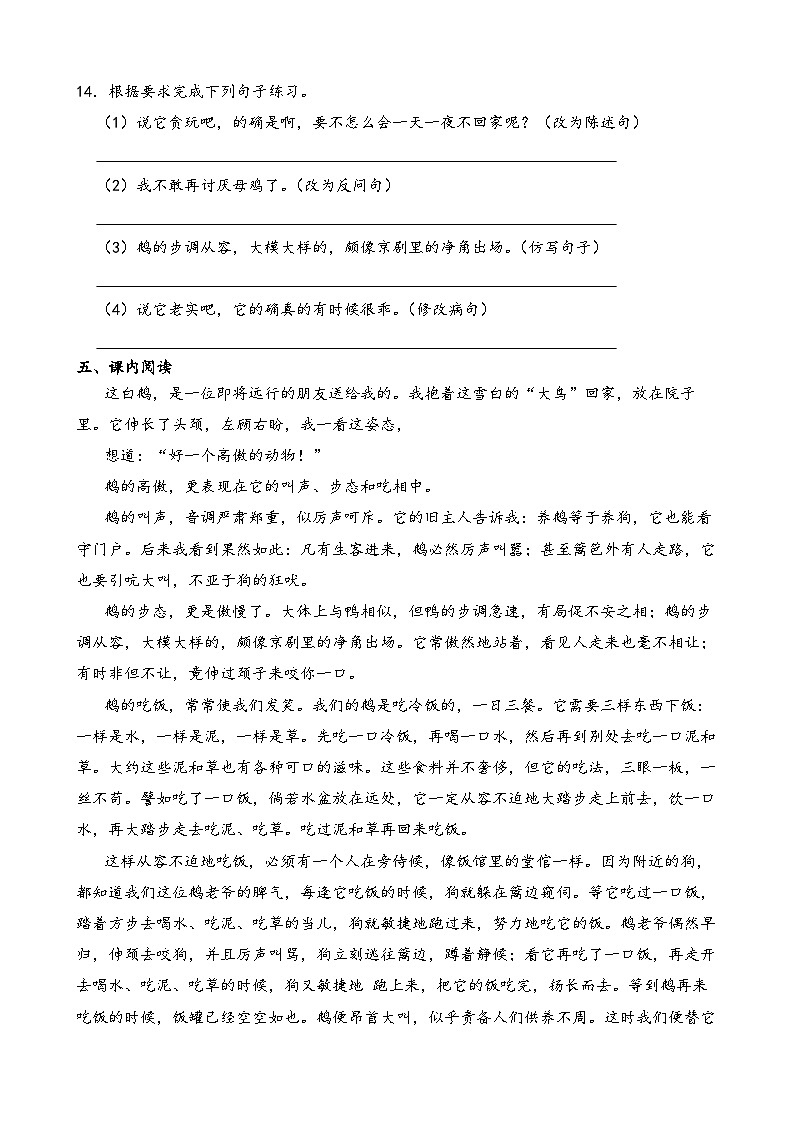 部编版语文四年级下册《白鹅》一课一练(含答案解析)第3页