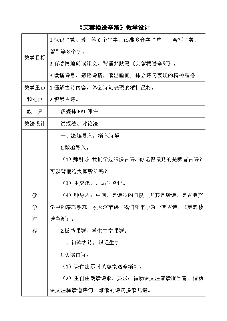统编版语文四年级下册 22 芙蓉楼送辛渐 教学设计第1页