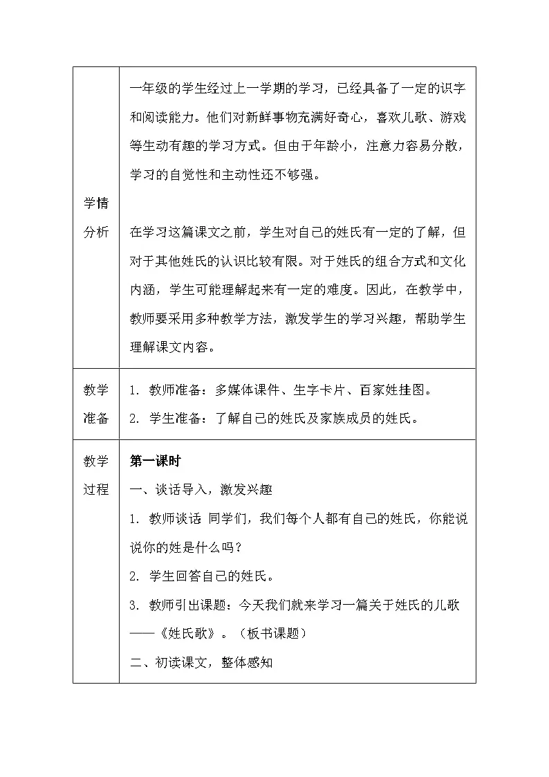 【新教材】统编版(2024)一年级下册语文第一单元 2 姓氏歌 教案(表格式)第3页