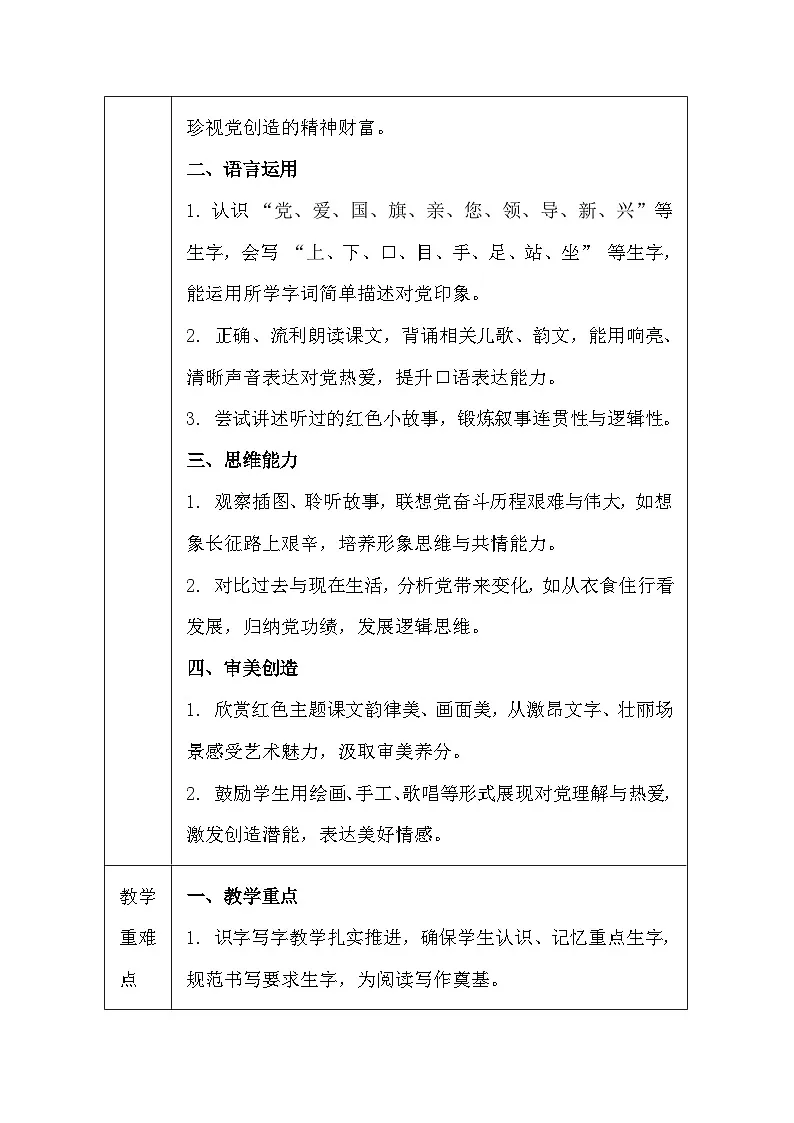 【新教材】统编版(2024)一年级下册语文第二单元 1 热爱中国共产党 教案(表格式)第2页