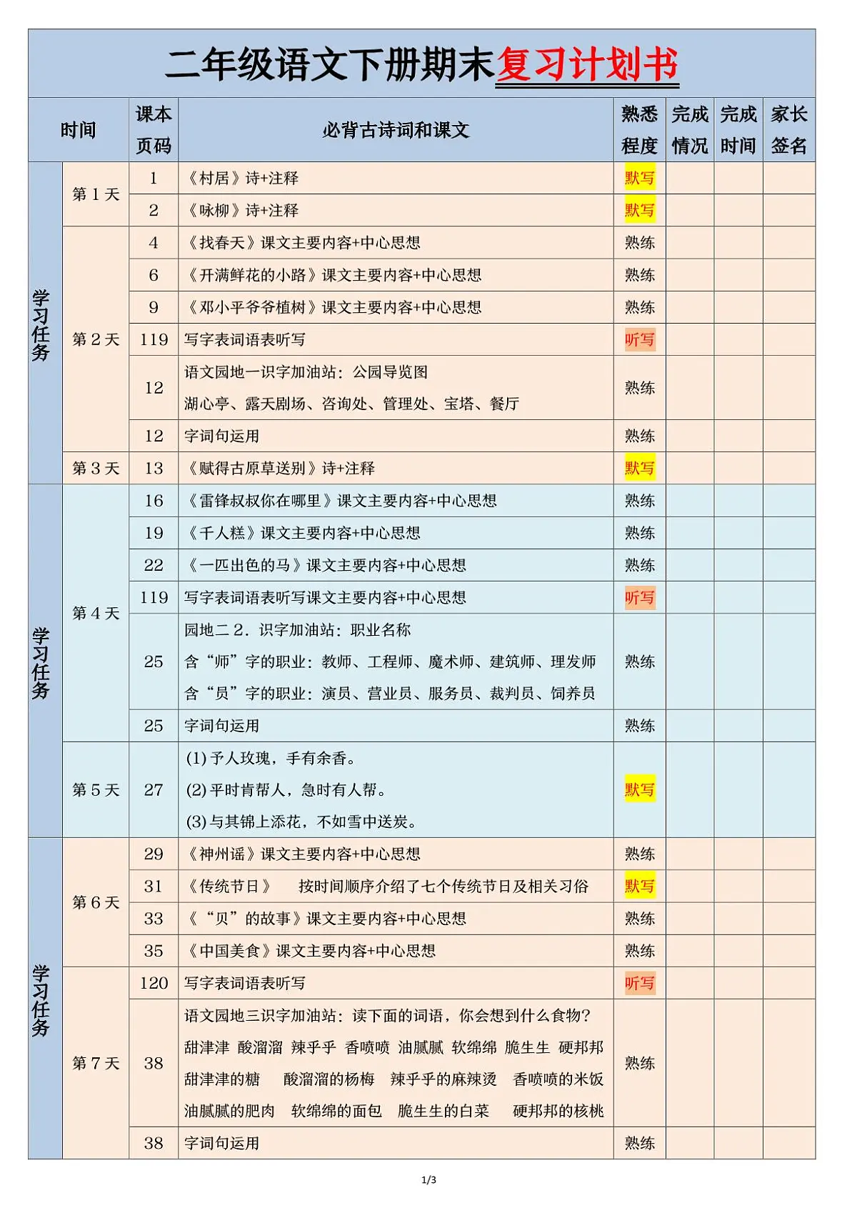统编版二年级语文下册【期末三轮复习法闯关表】练习第1页