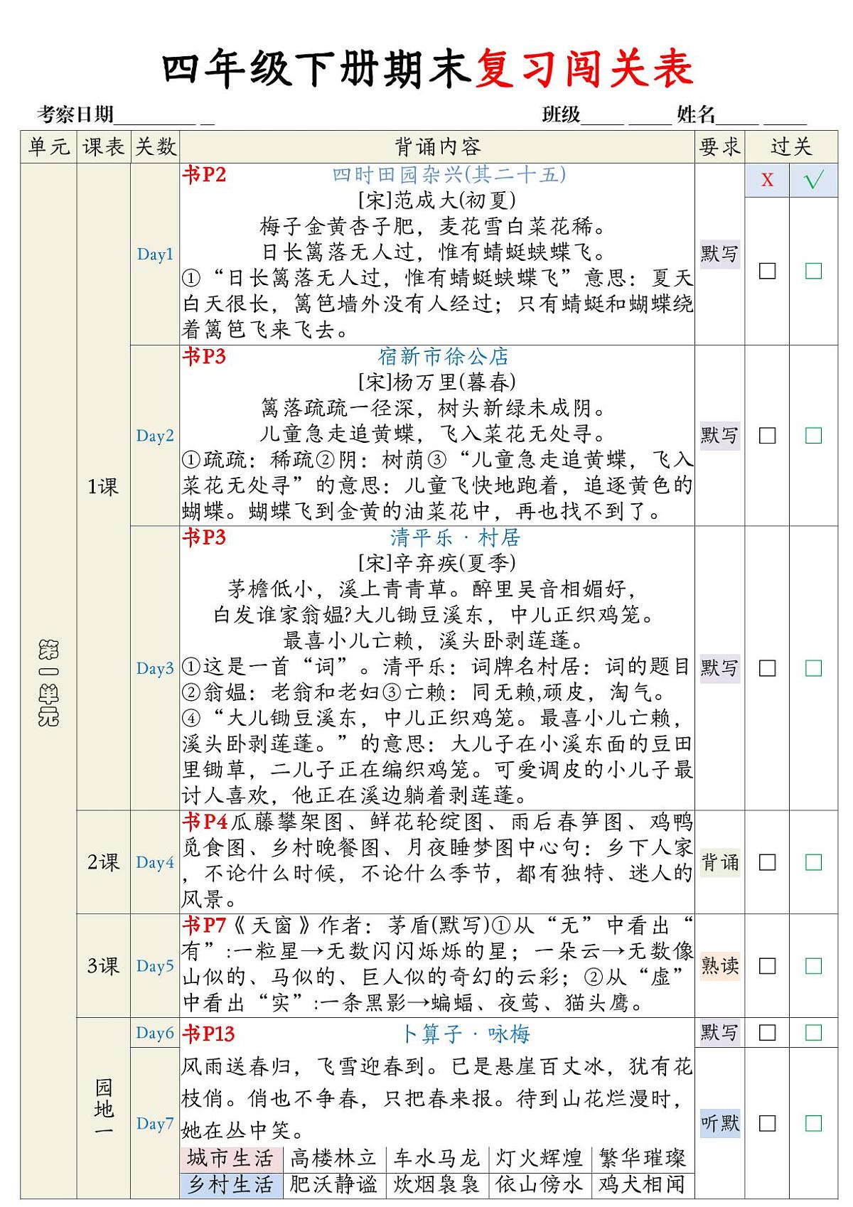 统编版四年级语文下册【期末复习背诵闯关表】练习含答案第1页