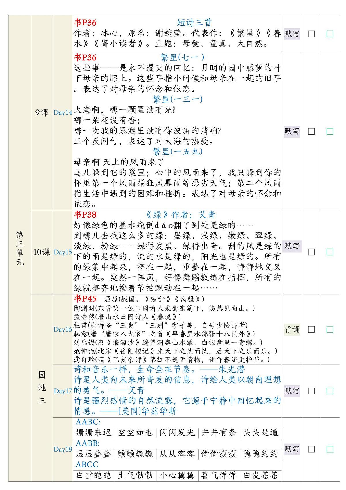 统编版四年级语文下册【期末复习背诵闯关表】练习含答案第3页