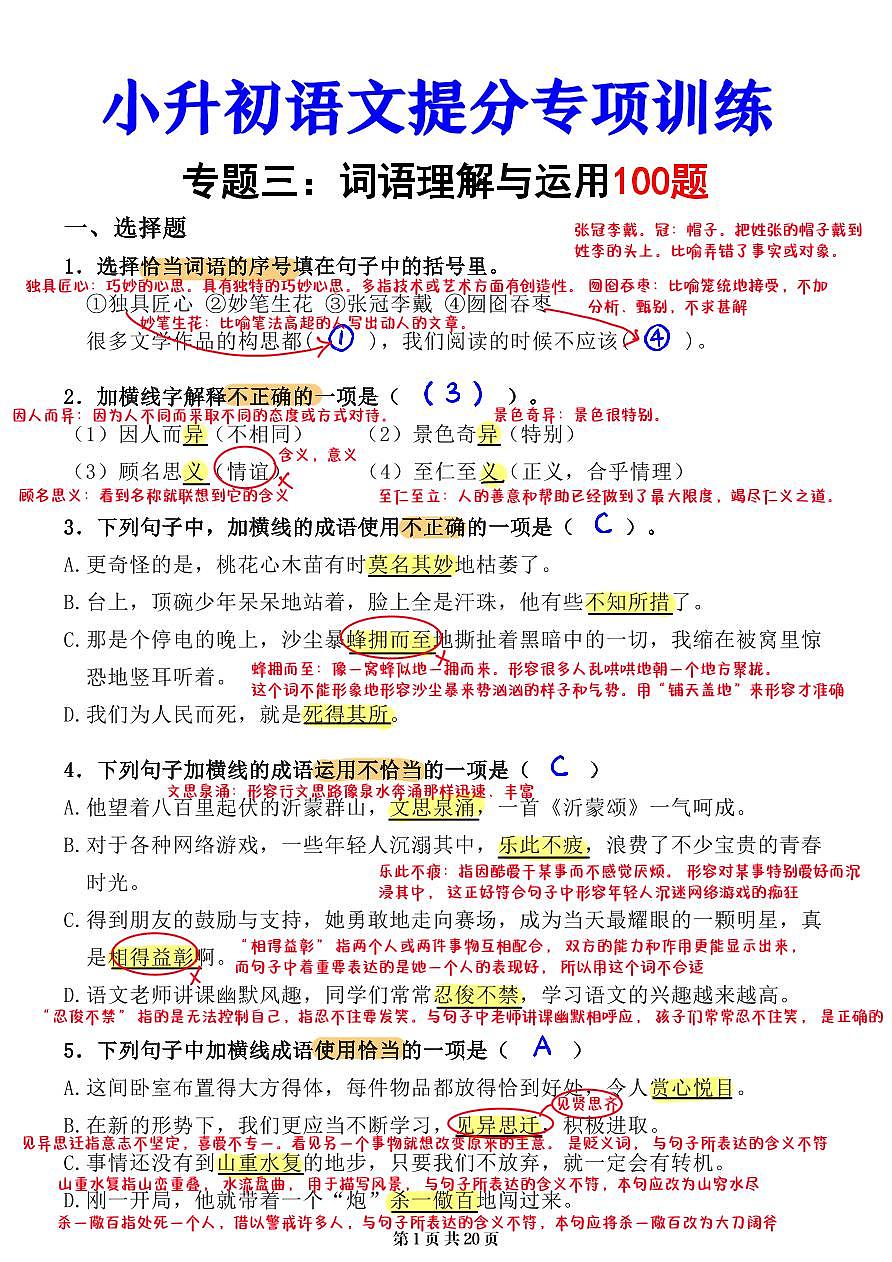 小升初语文提分专练03 词语理解与运用解析(20页)第1页